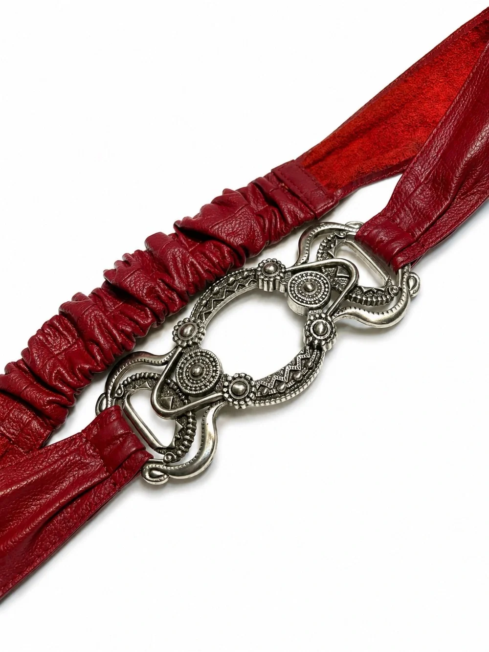 Chico's red leather stretch belt large, ornate silver statement buckle